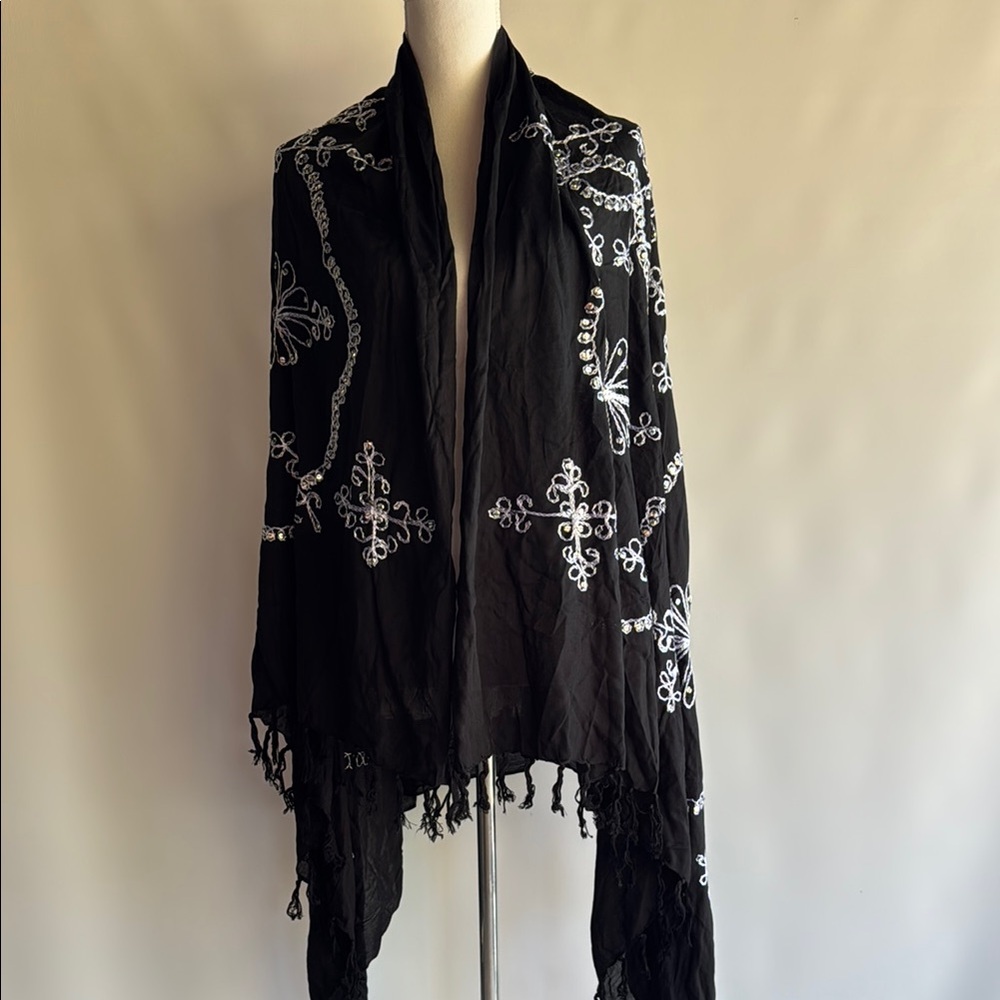 Embroidered Black Rayon Shawl